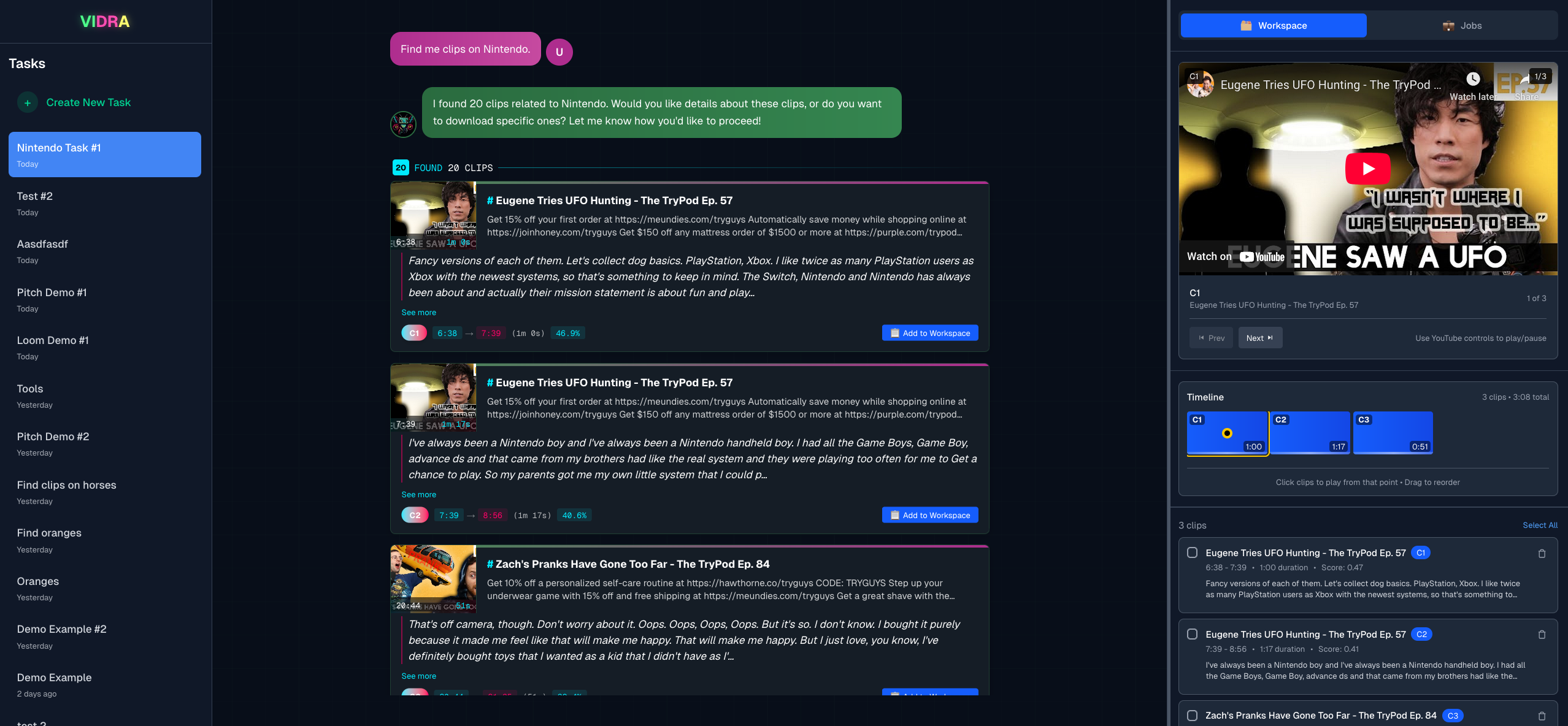 Vidra application interface showing search results for Nintendo clips with video thumbnails and transcripts